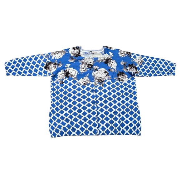 Isaac Mizrahi Live! Floral & Trellis Print Crew Neck 3/4 Sleeve Button Up Shirt - Picture 1 of 8